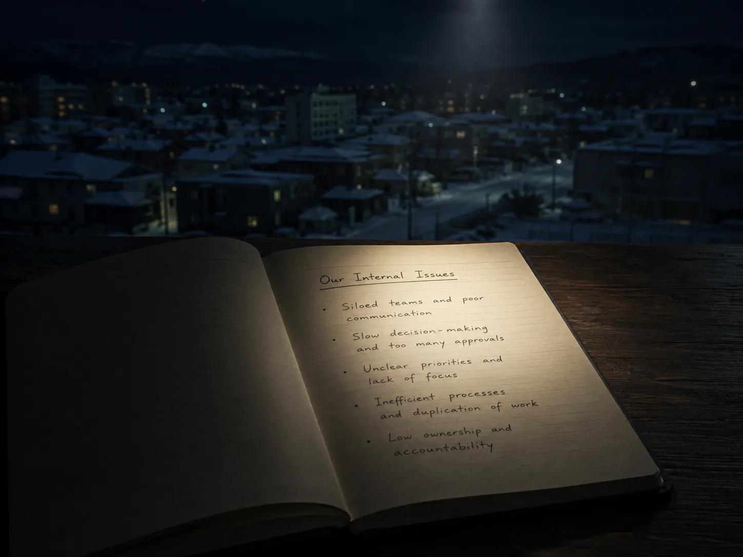 雪景色の北海道の町並みを背景に、机の上で自社の困りごとを書き出したノートに一筋の光が差し込むイメージ