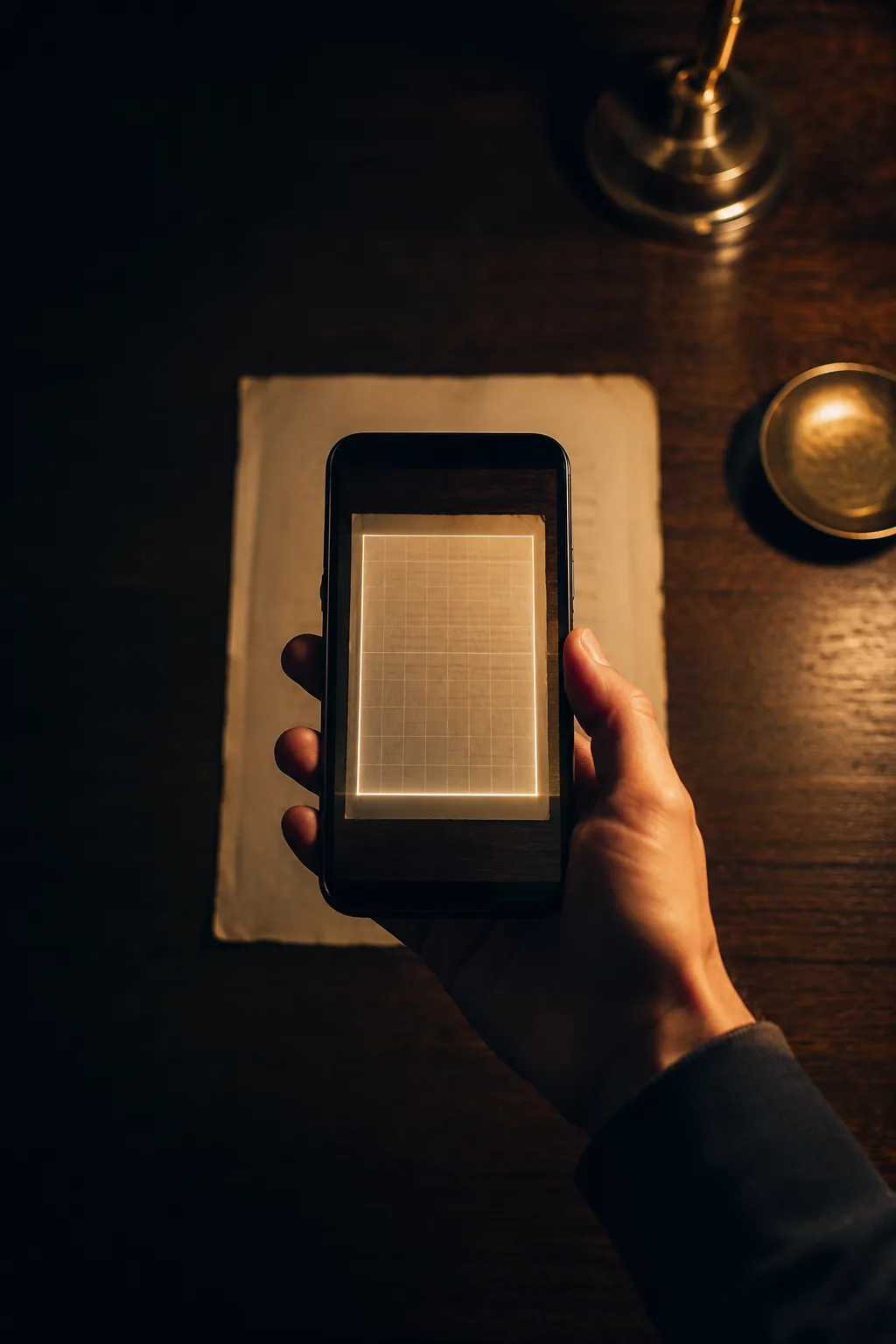 スマートフォンで紙の書類を撮影し、画面の中でデータに変換されているイメージ