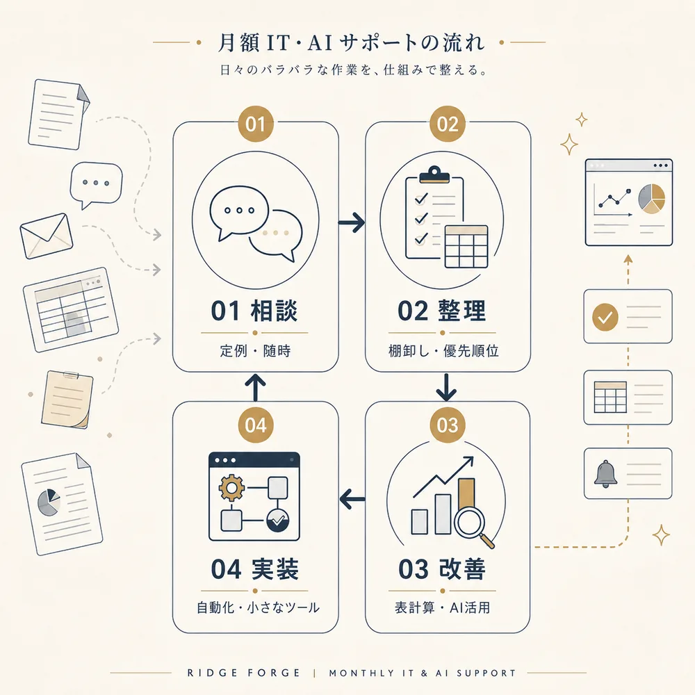 月額IT・AIサポートの流れ。相談・整理・改善・実装の4ステップで、日々の手作業を仕組みに整える図